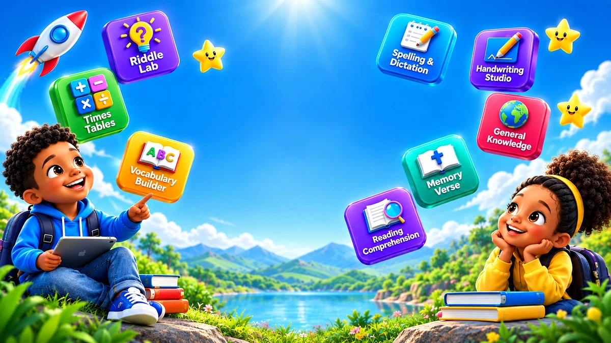 Two happy pupils choosing Eduformium Arena games, including Riddle Lab, Times Tables, Vocabulary Builder, Spelling and Dictation, Handwriting Studio, General Knowledge, Memory Verse and Reading Comprehension